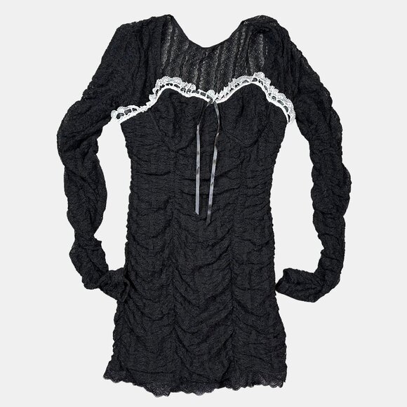 LoveShackFancy Evangelina Dress Ruched Stretchy Black White Lace Women's Small - Picture 3 of 8